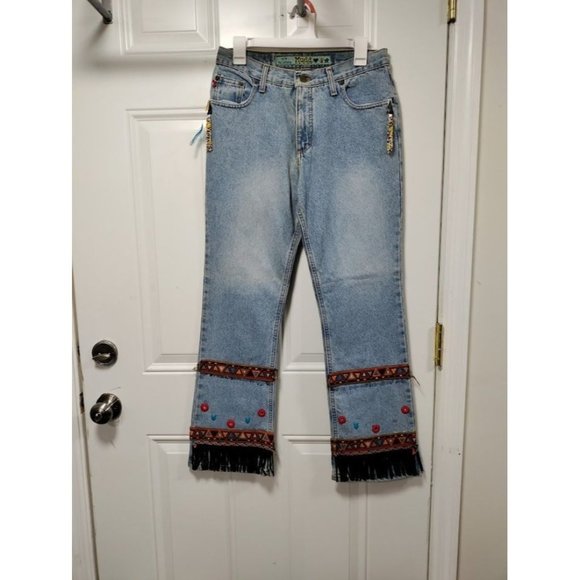 Mudd Denim - Mudd Cotton Mid Rise Straight Leg Embroidered Fringe Denim Jeans Blue Size 9